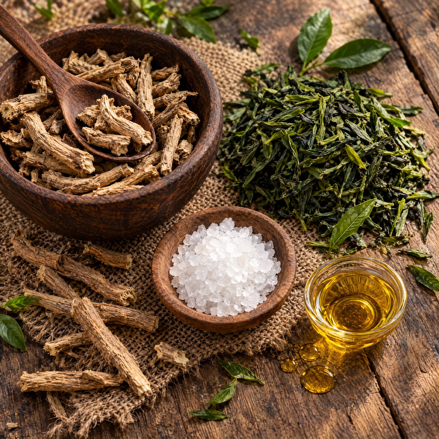 Ashwagandha-Wurzel, Grünteeblätter, Magnesium und Vitamin D3 auf Holz