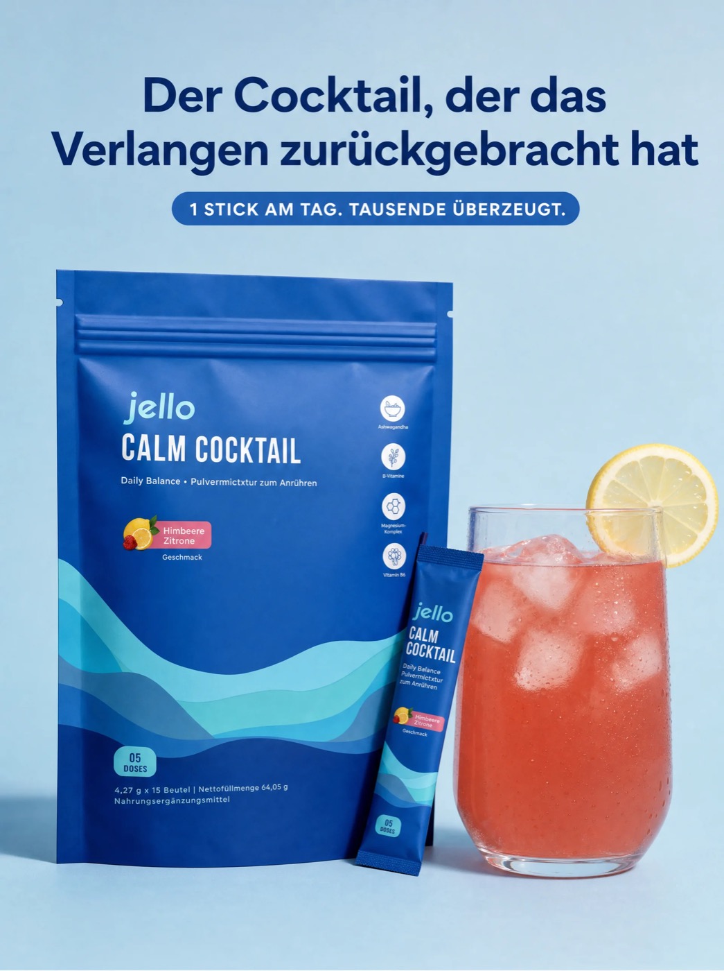 Jello Calm Cocktail Packung, Stick und Glas